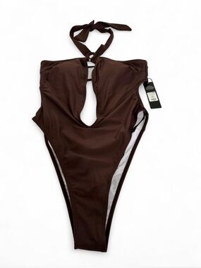 Fashion Nova Chocolate Brown Halter One-Piece Swimsuit